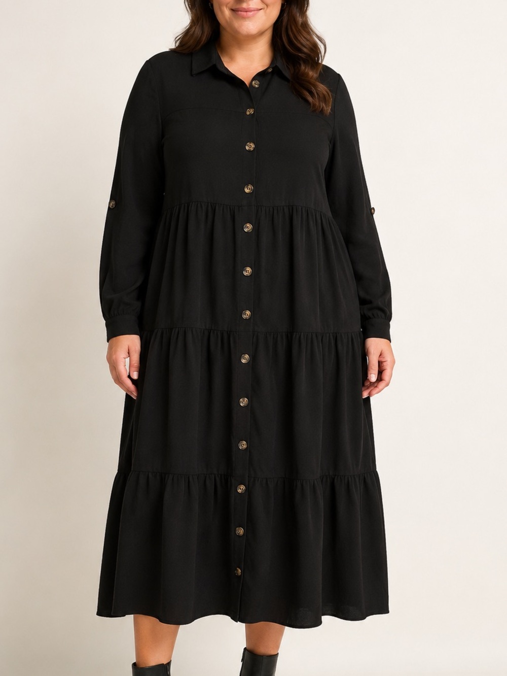 Black Tiered Button-Front Maxi Dress
